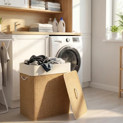 HOMCOM Panier à Linge Double Bambou 100L avec Couvercle et Poignées
