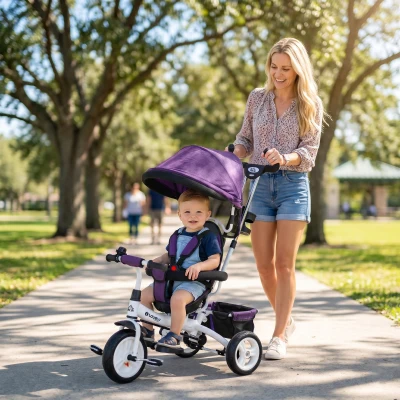 HOMCOM 6-in-1 Kinderdriewieler met Duwstang, Zonnedak, Gordel, Opbergmand, voor 1-5 Jaar, Paars