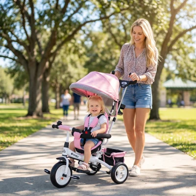 HOMCOM 6-in-1 Kinderrdriewieler met Duwstang, Zonnedak, Gordel, Mandje, voor 1-5 Jaar, Roze