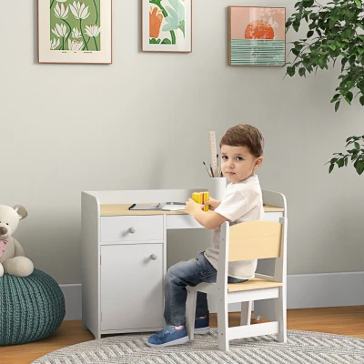 ZONEKIZ Kinderschreibtisch mit Stuhl, Kindertisch mit Schublade, Fach und großer Arbeitsfläche, für 3 bis 6 Jahre, 80 x 39 x 59 cm, weiß