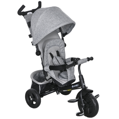 HOMCOM Kinderdriewieler, Fiets, Achtermand, Bekerhouder, Zonnedak, Metaal, Grijs