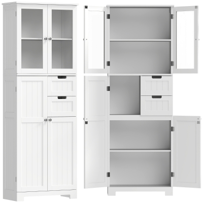 HOMCOM Mueble alto de almacenamiento, armario con puertas de cristal y estantes ajustables para baño, cocina, salón, blanco