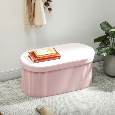 HOMCOM Puff de Arrumação Banco de Arrumação Dobrável 72 L 76x38x35 cm Estofado em Veludo Baú de Armazenamento Rosa