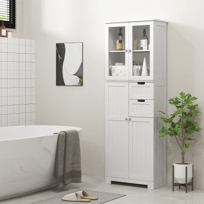 HOMCOM Móvel alto de armazenamento, armário com portas vitradas e prateleiras ajustáveis para banheiro, cozinha, sala, branco