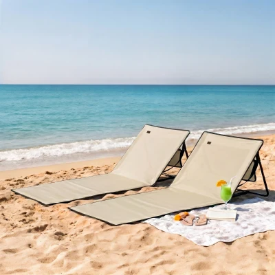 Outsunny Lot 2 Tapis Plage Dossier Inclinable Polyester Beige