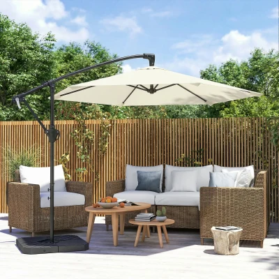 Outsunny Parasol Déporté 3m Crème avec Pied et Manivelle