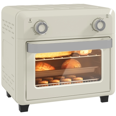 HOMCOM mini-oven met hetelucht, 10 liter airfryer, compacte oven met 60-minuten timer en binnenverlichting, 80-230℃, 3 insteekniveaus, vaatwasserbestendig accessoire, 1000W, crème wit
