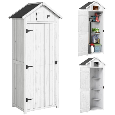 Outsunny Gartenschrank für Außen aus Holz, Gerätehaus, 3 Regale, 2 Türen mit Riegeln, 77x54x179cm, Hellgrau