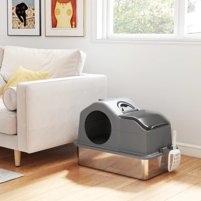 PawHut Maison de Toilette Chat Fermée 60,5x40,5x45cm Gris Foncé