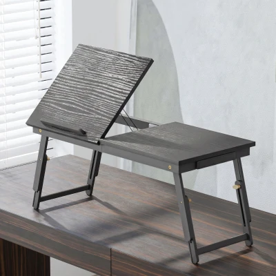 HOMCOM Table de Lit Bambou Réglable Plateau Inclinable Noir