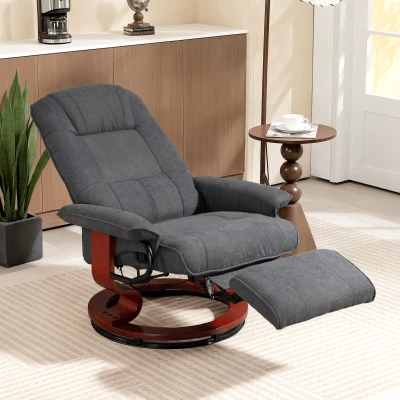HOMCOM Draaibare relaxfauteuil, linnenlook, handmatig verstelbaar, met houten voet, voetensteun, hoge rugleuning, grijs