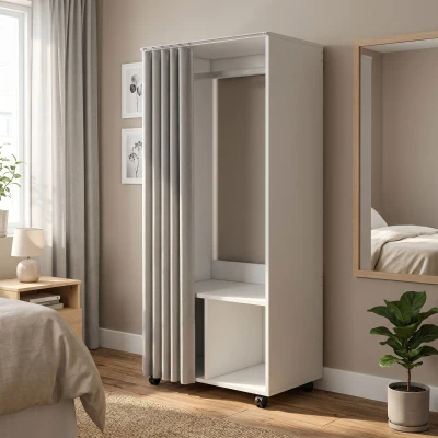 HOMCOM Armoire Mobile 60x40x128cm avec Rideau Blanc