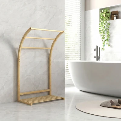 HOMCOM Porte-Serviettes Bambou 3 Barres avec Étagère Salle de Bain