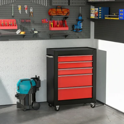 HOMCOM Chariot à Outils Acier 5 Tiroirs Verrouillable Rouge