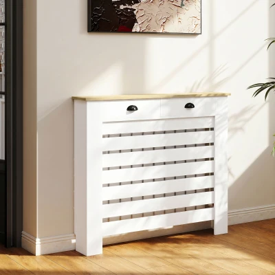 HOMCOM Cache Radiateur Bois 2 Tiroirs Blanc 111x19x95,5 cm