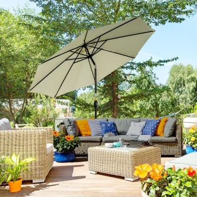 Outsunny Sombrilla de Jardín Ø295x250 cm con Manivela Parasol Exterior con Mecanismo de Inclinación y Poste Desmontable Beige