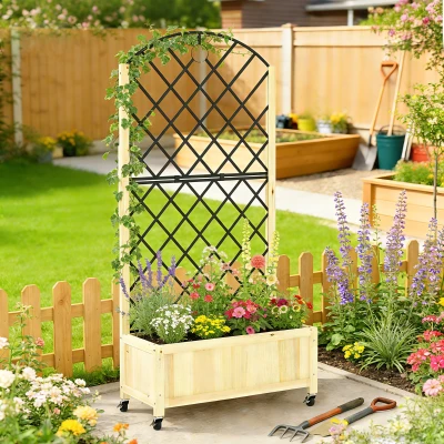 Outsunny Wooden Raised Planter with Trellis Lockable Wheels Natural
