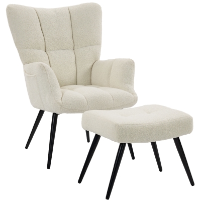 HOMCOM Sessel mit Fußhocker aus Teddy-Stoff mit hoher, gesteppter Rückenlehne, Seitentaschen, Beige