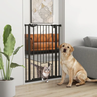 PawHut Barrera de Seguridad Ajustable con Puerta Pequeña Cierre Automático y Sistema de Doble Bloqueo 74-80x104,1 cm Negro