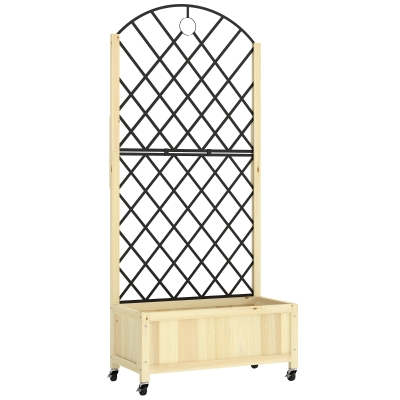 Outsunny Wooden Raised Planter with Trellis Lockable Wheels Natural