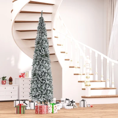 HOMCOM Schlanker Weihnachtsbaum 270 cm verschneiter Weihnachtsbaum mit 1014 Zweigen und Metallfuß für Wohnzimmer Grün und Weiß