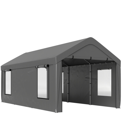 Outsunny Carport tente de garage 3 x 6 m avec parois latérales amovibles, 2 portes enroulables et 4 fenêtres, gris foncé
