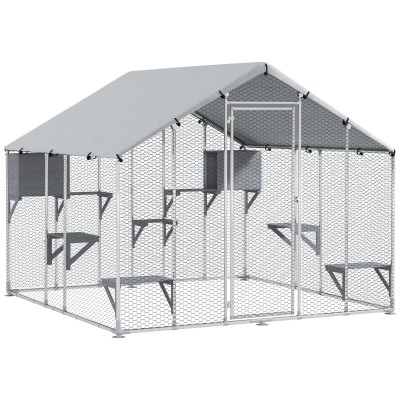 PawHut Gaiola Grande para Gatos Exterior com 2 Casinhas 7 Plataformas para Saltar Cobertura Impermeável e Anti-UV 240x193x195 cm Prata