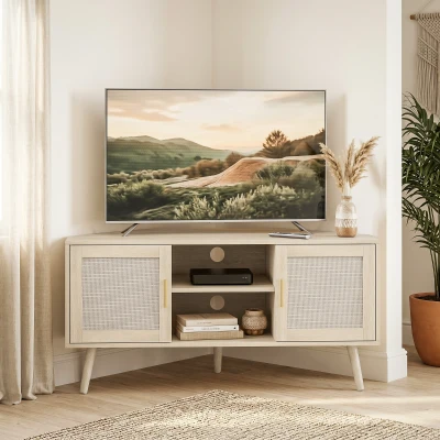 HOMCOM Mueble TV de Esquina 115 cm Mueble para Televisor de hasta 165,1 cm 2 Puertas de Ratán 2 Compartimentos Roble