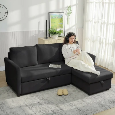 HOMCOM Eck-Schlafsofa, 3-Sitzer 192 cm mit seitenverstellbarer Ottomane, Verstecktem Stauraum, Anthrazitgrau