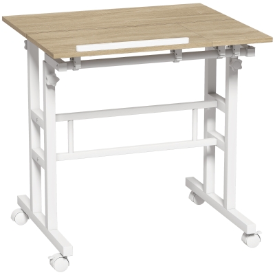 HOMCOM Escritorio Elevable Regulable en Altura 70x60 cm con Ruedas Tablero Inclinable Estructura de Metal Marrón