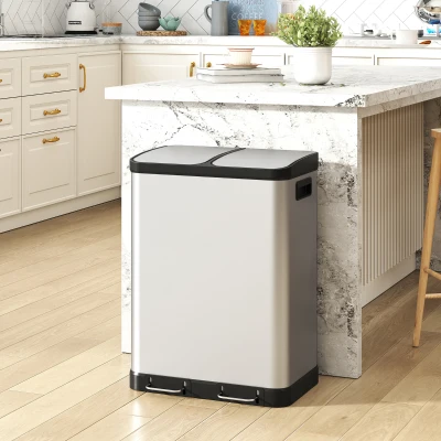 HOMCOM Küchenmülleimer mit Doppelkammer 2 x 30 l, Treteimer aus Edelstahl, Soft-Close-Deckel, Silber