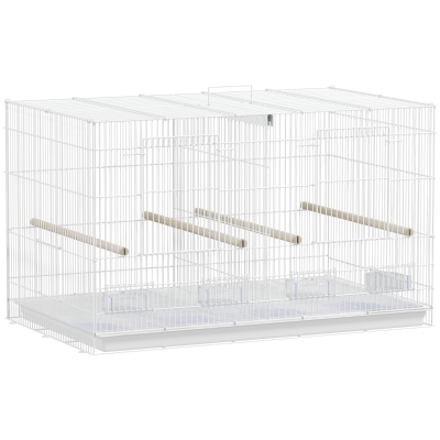 PawHut Vogelkäfig Innenvoliere aus Stahl mit Trennwand, 4 Sitzstangen, herausziehbare Schale, 4 Futternäpfe, 76x46x46cm, Weiß
