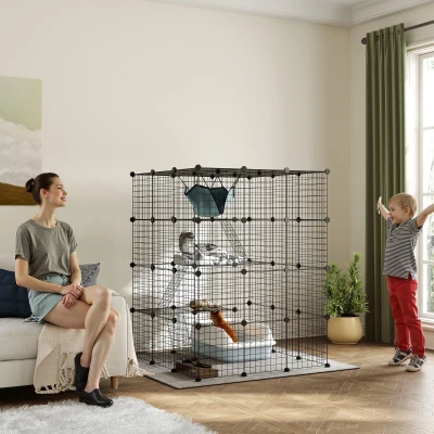 PawHut Kattenkooi voor binnen 4-laags DIY-kattenverblijf met dicht metalen gaas, hangmat, ramp, deuren, springplatforms