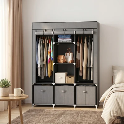 HOMCOM Foldable Wardrobe with 2 Hanging Rails, Fabric Wardrobe with 5 Shelves and 3 Fabric Drawers, 125 x 43 x 162.5cm, Dark Grey