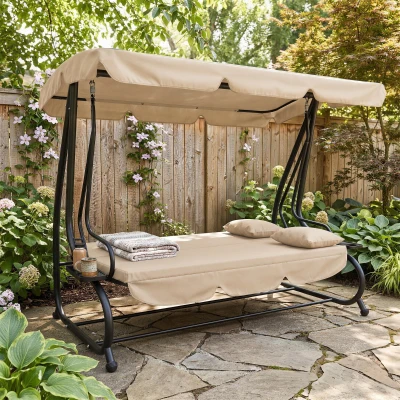 Outsunny Schommelbank, 3-zits Hollywoodschommel, Tuinschommel met Drankhouders, Staal, 200 x 120 x 164 cm, Bruin