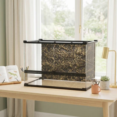 PawHut Terrarium Verre 48L Ventilation Pierre Effet Noir