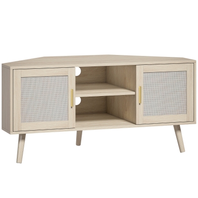 HOMCOM Mueble TV de Esquina 115 cm Mueble para Televisor de hasta 165,1 cm 2 Puertas de Ratán 2 Compartimentos Roble