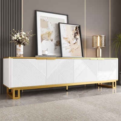 Modern TV Cabinet with 4 Geometric Embossed Doors and Open Top Shelf, 160L x 37.5W x 48H cm, White