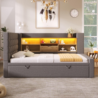 Upholstered Daybed with Pull-Out Trundle and Space-Saving Storage, 204L x 107W x 88H cm, Grey