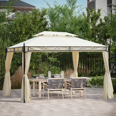 Outsunny Pérgola de Jardim 4x3 m com Telhado Duplo 4 Cortinas Estrutura de Aço 8 Orifícios de Drenagem Anti-UV Creme