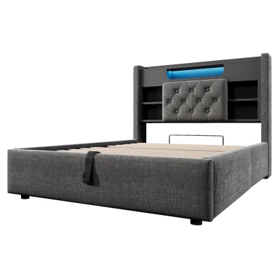 Upholstered Linen Bed Frame with Ambient LED Lighting, 213L x 143W x 115H cm, Grey
