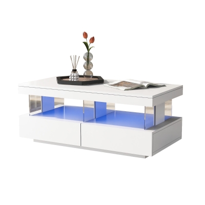 High-Gloss LED Coffee Table with App-Controlled Lights, 100L x 60W x 49.5H cm, White