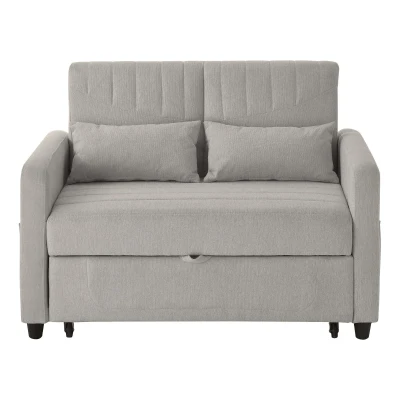 Two-Seater Pull-Out Sofa Bed with Three-Level Adjustable Backrest, 112L x 169W x 59H cm, Light Gray