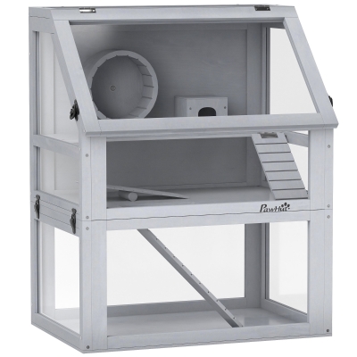 PawHut Wooden Hamster Cage with Hut & Wheel Light Grey 60x40x75cm