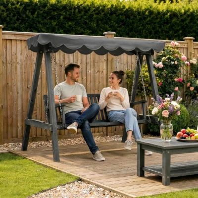 Outsunny 3-Seater Wooden Swing Chair Outdoor Bench Grey