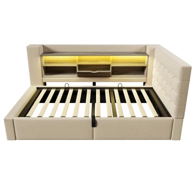 Upholstered Daybed with Hydraulic Under-Bed Storage, 203L x 108W x 86H cm, Beige