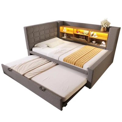 Upholstered Daybed with Pull-Out Trundle and Space-Saving Storage, 204L x 107W x 88H cm, Grey
