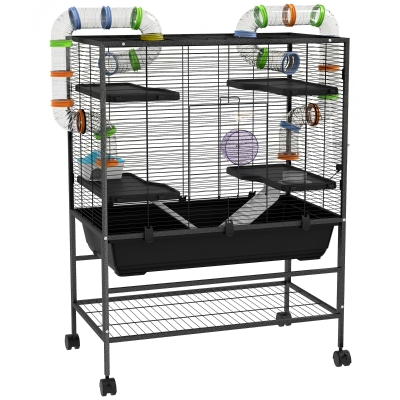 PawHut Hamsterkäfig mit Röhren, Laufrad, Häuschen, Wasserspender, Ablagefläche, Schwarz