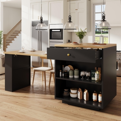 Extendable Kitchen Island with Storage and MDF Top, 195.5L x 70W x 94H cm, Black