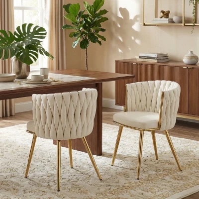 HOMCOM 2er-Set Esszimmerstühle, gepolsterte Küchenstühle aus Velours mit geflochtener Rückenlehne und Armlehnen, Creme